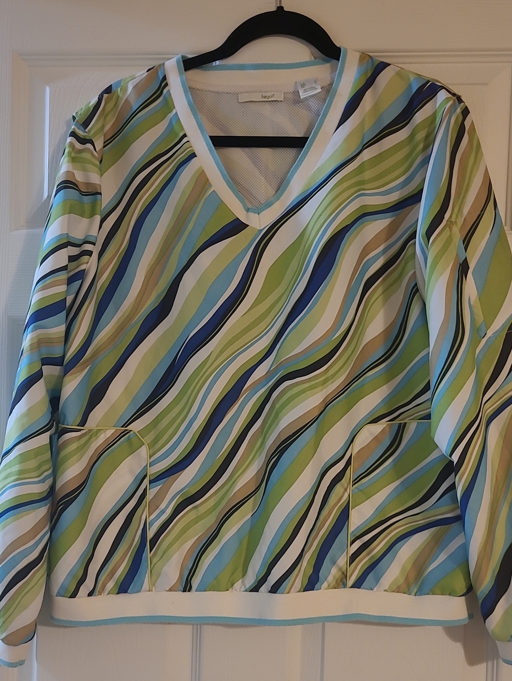 lizgolf Multicolor Striped V-Neck Pullover in Blue, Green & White